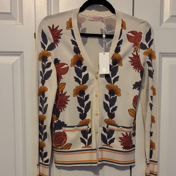 Tory Burch Cream Cardigan with Red and Yellow Floral Pattern - Picture 2 of 5
